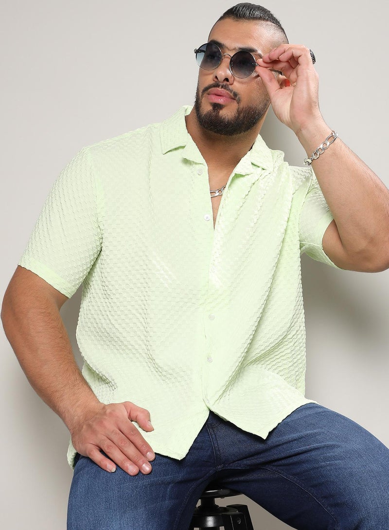 Instafab Plus Men's Lime Green Self-Design Block Shirt For Casual Wear | Spread Collar | Short Sleeve | Button Closure | Shirt Crafted With Comfort Fit For Everyday Wear - Image 1